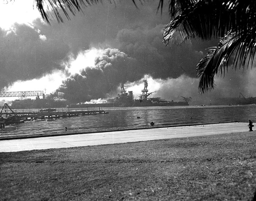 USS Nevada afire at Pearl Harbor